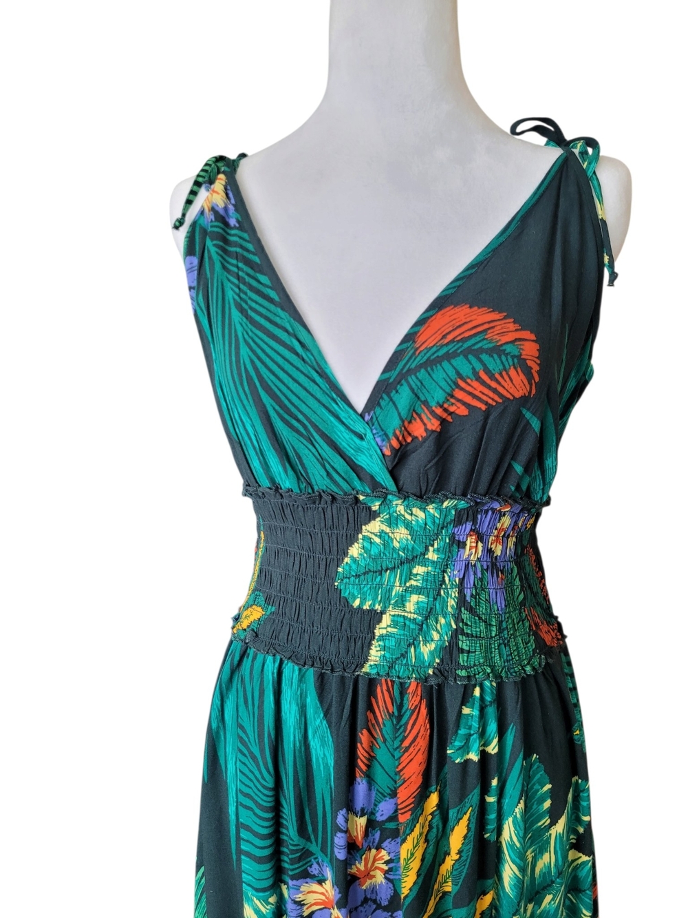 Patrons of Peace Tropical Floral Maxi Dress Smocked Waist Slit Skirt Green M - Picture 2 of 13